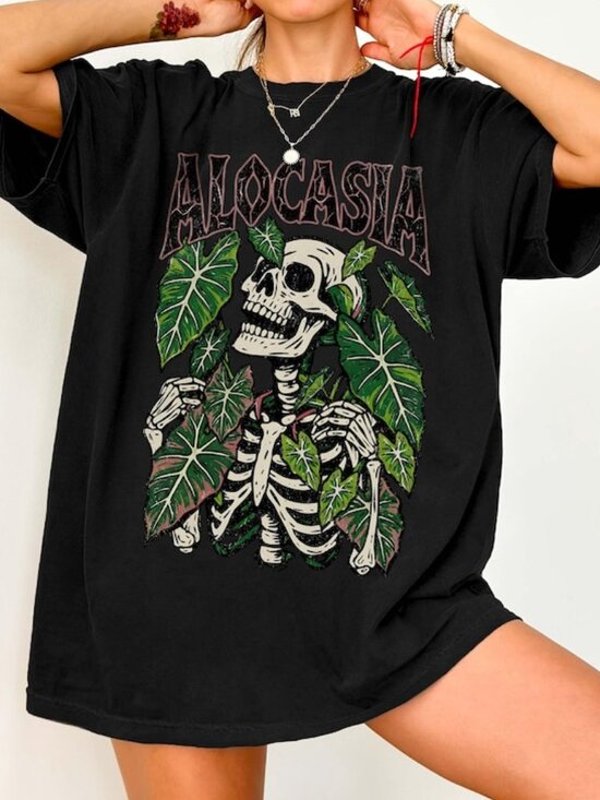 Tops - Alocasia Skeleton Shirt, Gothic Plant Lover Shirt, Botanical Skull Shirt